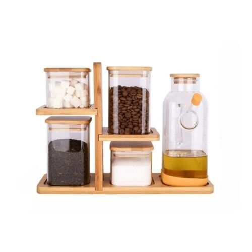 Ahşap Standlı Cam Erzak ve Yağlık Seti