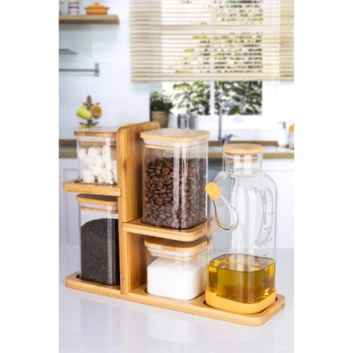 Ahşap Standlı Cam Erzak ve Yağlık Seti